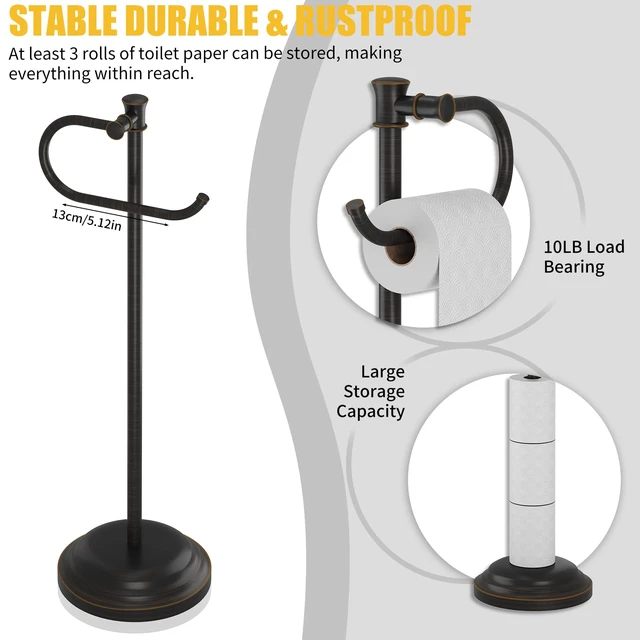Alt view image 3 of 7 - Toilet Paper Holder Floor Stand, Bathroom Freestanding Bronze Toilet Tissue Roll Holder, Free Standing Rack with Storage, Weighted Base Accessories, SUS304 Stainless Steel Rustproof