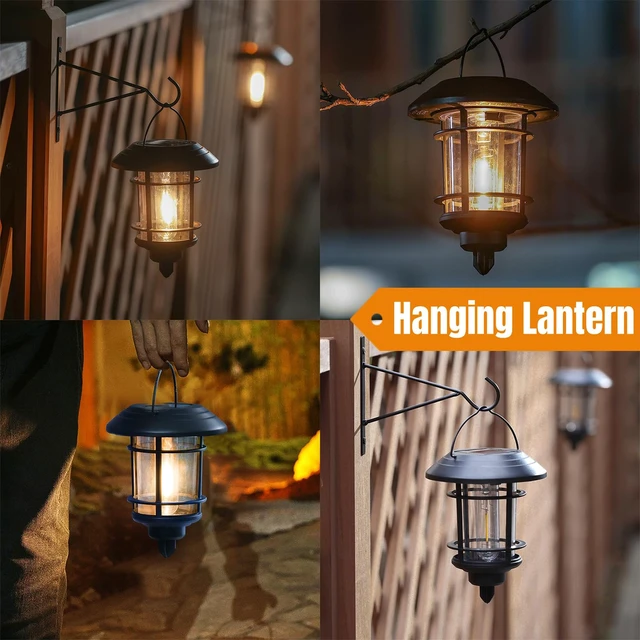 Alt view image 6 of 7 - 4 Pack Solar Lanterns Outdoor, Hanging Lantern Solar Garden Lights with Edison Bulb, Wall Mounted LED Light Auto On/Off, Waterproof for Garage Stair Patio Front Porch Yard, Warm White