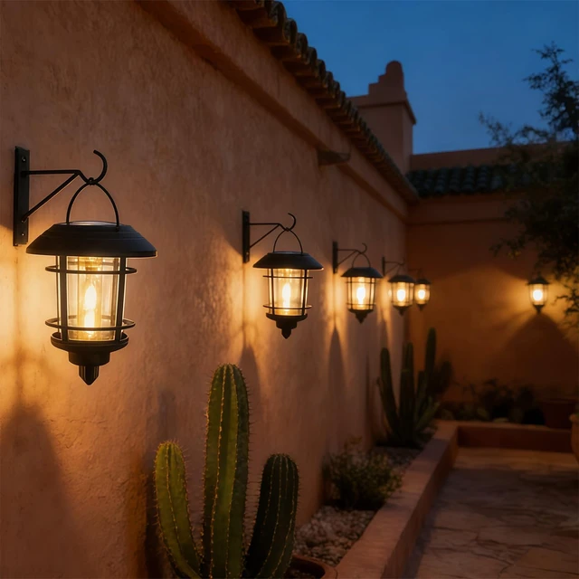 Alt view image 7 of 7 - 4 Pack Solar Lanterns Outdoor, Hanging Lantern Solar Garden Lights with Edison Bulb, Wall Mounted LED Light Auto On/Off, Waterproof for Garage Stair Patio Front Porch Yard, Warm White