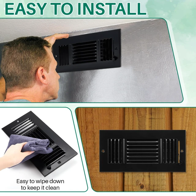 Alt view image 3 of 7 - 6 Pack Wall Vent Covers Interior Size 10 X 4 Inch, Black Steel 3 Way Adjustable Air Flow, Steel Construction for Ceiling Sidewall Bathroom Office HVAC, Durable Register Grilles