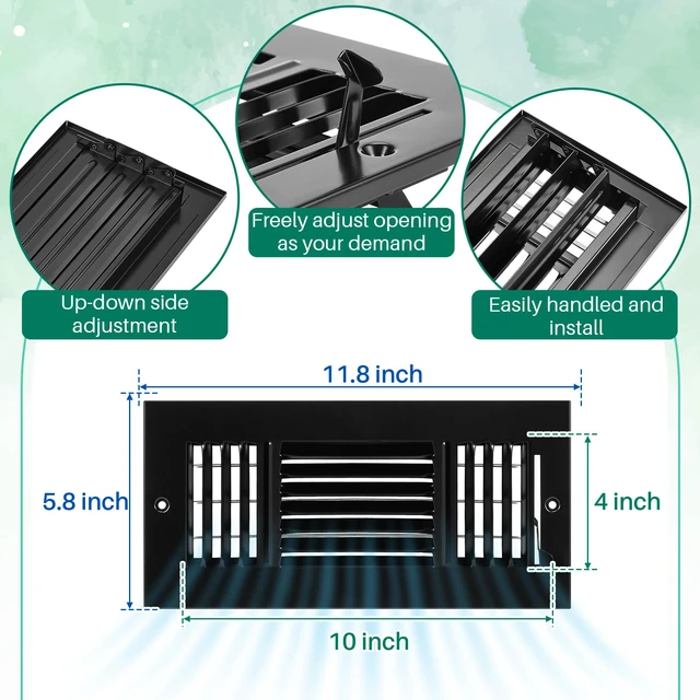 Alt view image 4 of 7 - 6 Pack Wall Vent Covers Interior Size 10 X 4 Inch, Black Steel 3 Way Adjustable Air Flow, Steel Construction for Ceiling Sidewall Bathroom Office HVAC, Durable Register Grilles