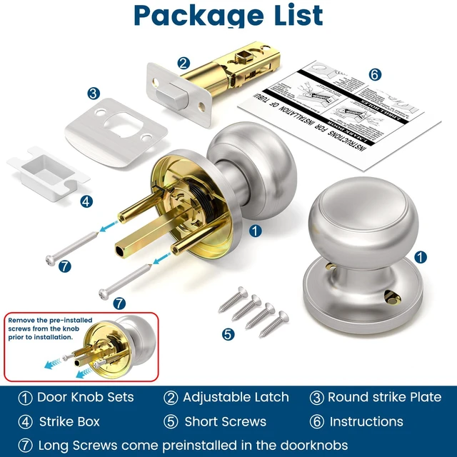 Alt view image 5 of 7 - 5 Pack Brushed Nickel Door Knob, Round Interior Door Knobs for Hallway Closet, Non-Locking Passage Door Knobs, Keyless Door Handles for Left/Right Handle Doors