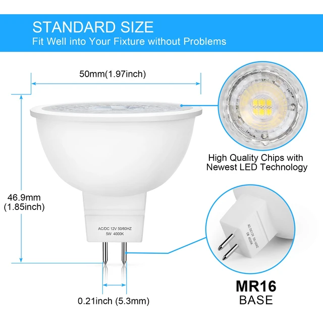 Alt view image 3 of 6 - 12 Pack MR16 LED Bulbs 5W GU5.3 12V Spotlight, 4000K Neutral White 50W Halogen Equivalent, Non-Dimmable, 45° Beam Angle, 450lm, Landscape, Recessed, Track Lighting, Low Voltage, Bi-Pin Base