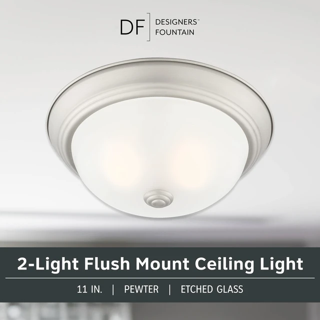 Alt view image 2 of 6 - Reedley 2-Lights Flush Mount Ceiling Light, 11 Inch Lighting Fixture for Kitchen, Bedroom, Bathroom, and Hallway, Pewter with Etched Glass, 1257S-PW-W