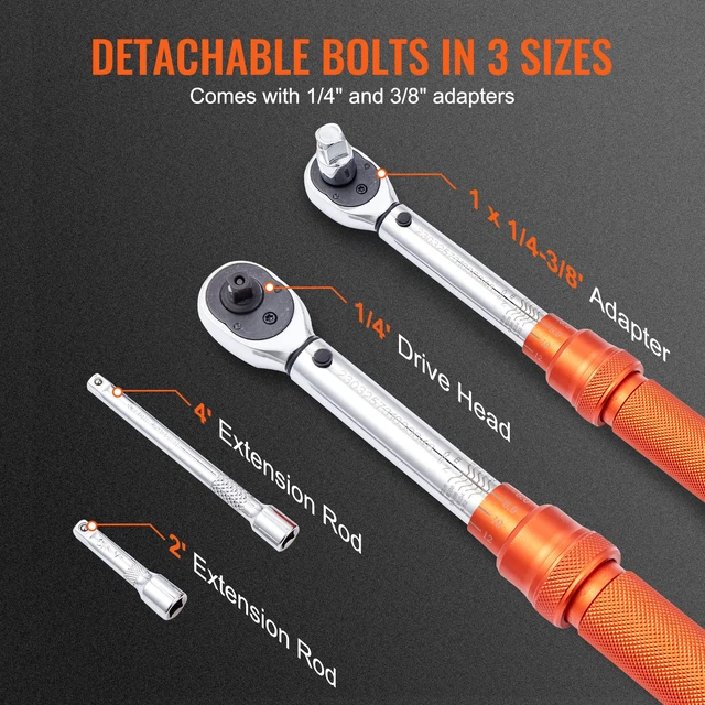 Alt view image 6 of 7 - 1/4-inch Drive Click Torque Wrench, 20-200in.lb/3-23n.m Mechanical Dual Range Scales, Dual-Direction Adjustable with Adapters Extension Rod
