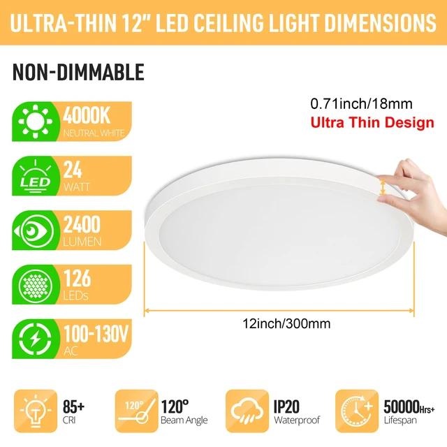 Alt view image 2 of 5 - 2-Pack 12" LED Flush Mount Ceiling Light 4000K, 24W, Non-Dimmable Neutral White, 2400LM, 240W Equiv. White Round Flat Bedroom Lights, Foyer, Hallway, Porch, Kitchen, Entryway, Living Room