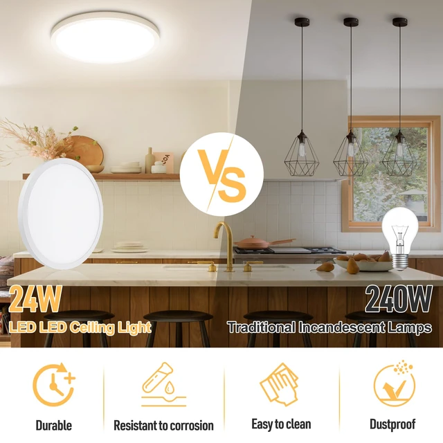 Alt view image 4 of 5 - 2-Pack 12" LED Flush Mount Ceiling Light 4000K, 24W, Non-Dimmable Neutral White, 2400LM, 240W Equiv. White Round Flat Bedroom Lights, Foyer, Hallway, Porch, Kitchen, Entryway, Living Room