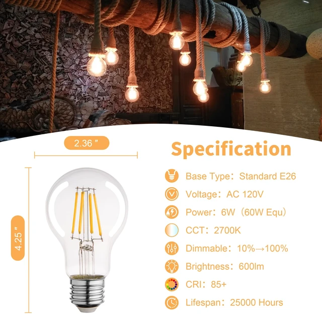 Alt view image 3 of 7 - A19 Clear Led Bulbs, E26 Dimmable Edison Bulbs, 2700K Warm Light Led Light Bulb, Soft Yellow White Edison Bulb, 6w Filament Bulb for Light Fixture 6pack/12Pack