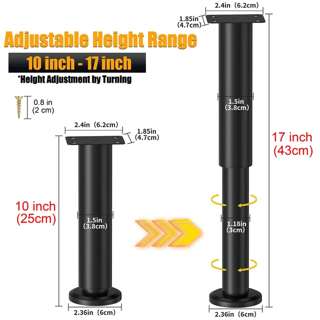 Alt view image 2 of 7 - 2 Pcs Adjustable Height Bed Support Legs for Bed Frame/Bed Center Slat, Metal Adjustable Furniture Legs 10-17 inch for Bed/Sofa/Cabinet/Couch/Dresser/Table,Heavy Duty Bed Replacement Legs