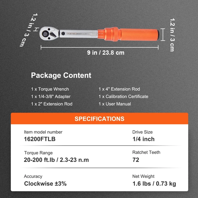 Alt view image 7 of 7 - 1/4-inch Drive Click Torque Wrench, 20-200in.lb/3-23n.m Mechanical Dual Range Scales, Dual-Direction Adjustable with Adapters Extension Rod