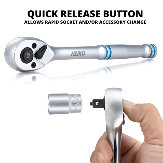Alt view image 2 of 6 - 3/8 Inch Ratchet Wrench, 100-Tooth Reversible, 3.6 Degree Swing, Quick Release, 8" Long Handle, Silver Chrome Vanadium Steel