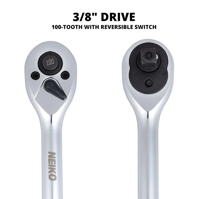 Alt view image 4 of 6 - 3/8 Inch Ratchet Wrench, 100-Tooth Reversible, 3.6 Degree Swing, Quick Release, 8" Long Handle, Silver Chrome Vanadium Steel
