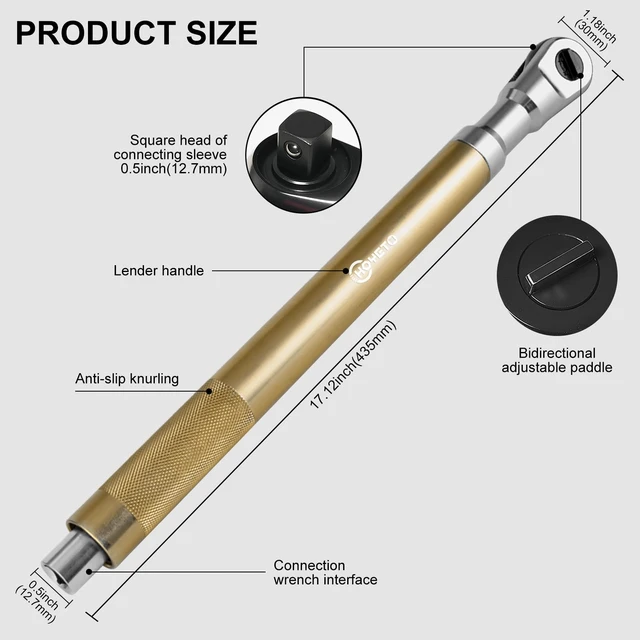 Alt view image 2 of 7 - 1/2" Offset Extension Wrench, 120Nm Impact Ready Socket Extender 0° Swing Universal Extension Wrench, 430mm (17") for Narrow Auto Repair & Hard-to-Reach Spacesgold