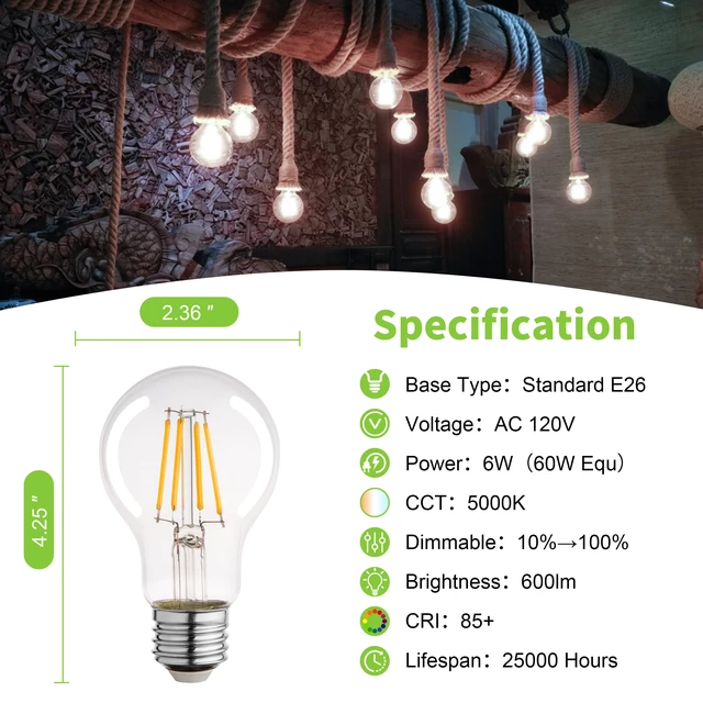 Alt view image 3 of 7 - A19 Clear Led Bulbs, E26 Dimmable Edison Bulbs, 5000K Daylight Led Light Bulb, Cool White Edison Bulb, 6w Filament Bulb for Light Fixture 6pack/12Pack