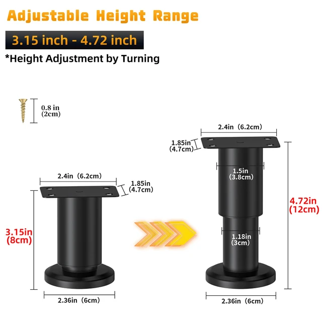 Alt view image 2 of 7 - 8 Pcs Metal Adjustable Furniture Legs 3.15-4.72 inch, Adjustable Cabinet Legs for Sofa/Bed/Chair/Couch/Dresser/Table,Heavy Duty Bed Replacement Support Legs for Bed Frame/Bed Center Slat