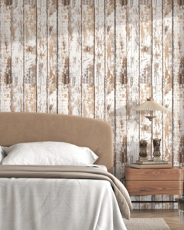 Alt view image 2 of 7 - Wood Wallpaper Peel and Stick Shiplap Contact Paper 17.3"×393" Self Adhesive Wallpaper Removable White and Brown Wood Grain Wall paper Distressed Waterproof Wallapapers for Cabinets Vinyl