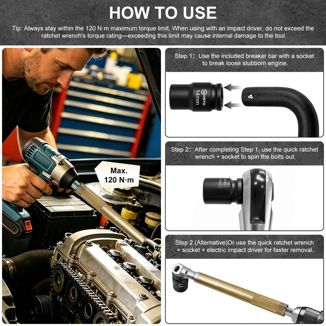 Alt view image 5 of 7 - 1/2" Offset Extension Wrench, 120Nm Impact Ready Socket Extender 0° Swing Universal Extension Wrench, 430mm (17") for Narrow Auto Repair & Hard-to-Reach Spacesgold