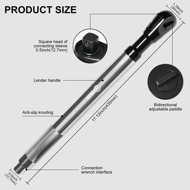 Alt view image 2 of 7 - 1/2" Offset Extension Wrench, 120Nm Impact Ready Socket Extender 0° Swing Universal Extension Wrench, 430mm (17") for Narrow Auto Repair & Hard-to-Reach Spaces, Forged Cr-Mo Steel