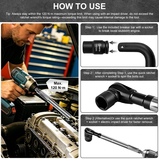 Alt view image 5 of 7 - 1/2" Offset Extension Wrench, 120Nm Impact Ready Socket Extender 0° Swing Universal Extension Wrench, 430mm (17") for Narrow Auto Repair & Hard-to-Reach Spaces, Forged Cr-Mo Steel
