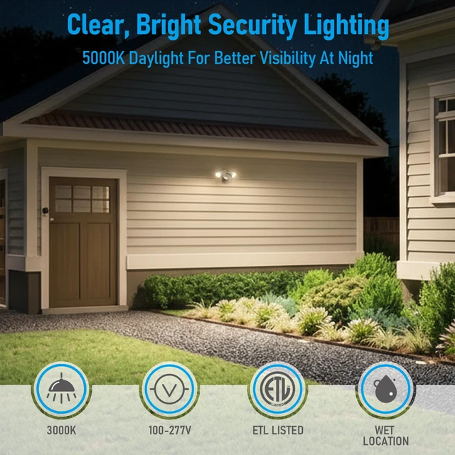 Alt view image 4 of 7 - Motion Sensor Security Lights Dusk to Dawn IP65 3000K White COB LED Motion Detector Flood Light Outdoor, Aluminum, 100-277V, ETL Listed, Adjustable Heads, Waterproof, Warm White