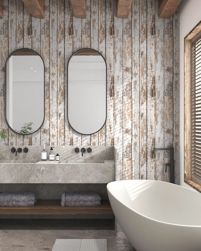 Alt view image 4 of 7 - Wood Wallpaper Peel and Stick Shiplap Contact Paper 17.3"×393" Self Adhesive Wallpaper Removable White and Brown Wood Grain Wall paper Distressed Waterproof Wallapapers for Cabinets Vinyl