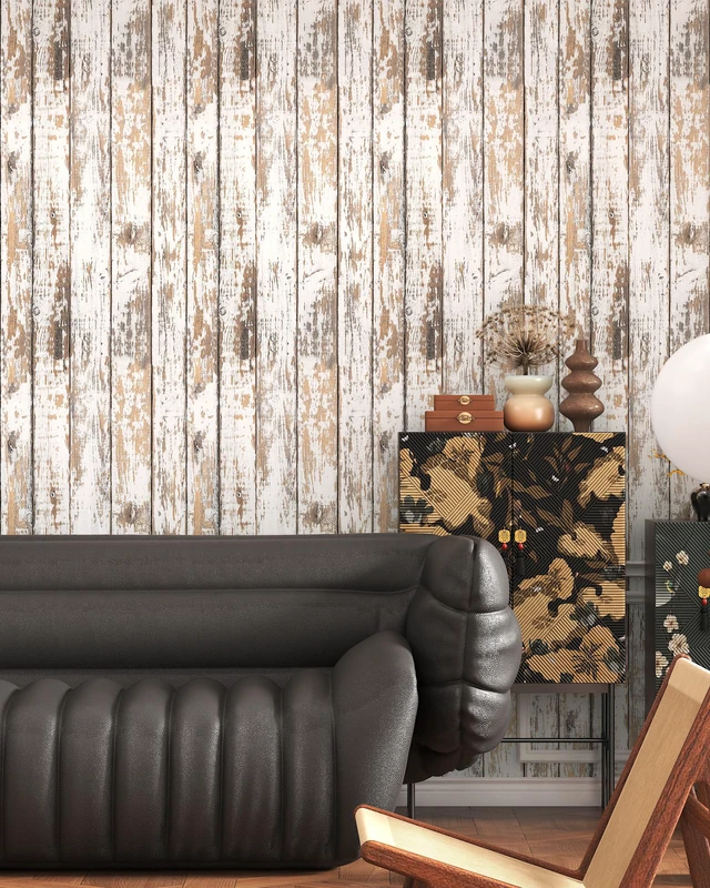 Alt view image 5 of 7 - Wood Wallpaper Peel and Stick Shiplap Contact Paper 17.3"×393" Self Adhesive Wallpaper Removable White and Brown Wood Grain Wall paper Distressed Waterproof Wallapapers for Cabinets Vinyl