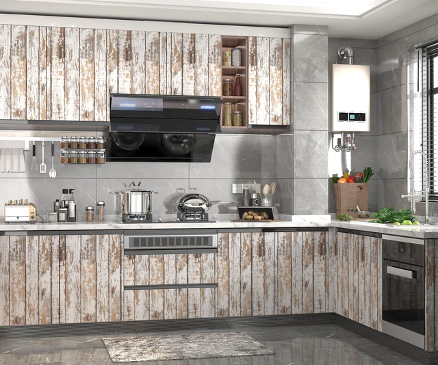 Alt view image 6 of 7 - Wood Wallpaper Peel and Stick Shiplap Contact Paper 17.3"×393" Self Adhesive Wallpaper Removable White and Brown Wood Grain Wall paper Distressed Waterproof Wallapapers for Cabinets Vinyl