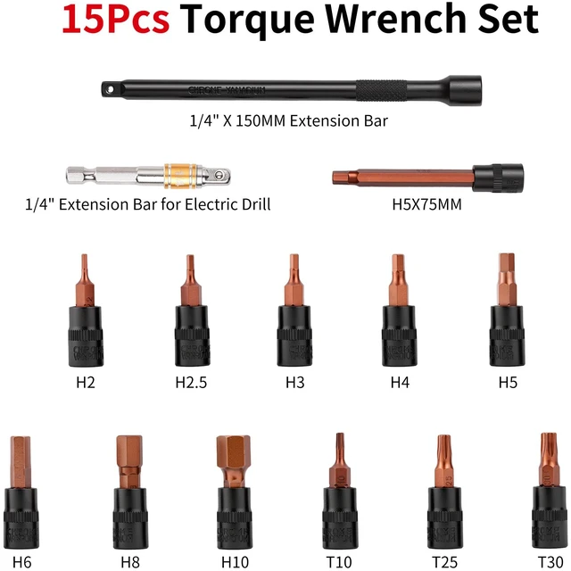 Alt view image 2 of 6 - 15Pc 1/4" Bike Torque Wrench Set 20-260In.Lb for Bicycle Motorcycle Inch Pound Click Bike Torque Wrench(2.3-29.4Nm),72T Dual Direction 3% Precision,Small Torque for Car,Lug Nut,Gunsmithing DIY