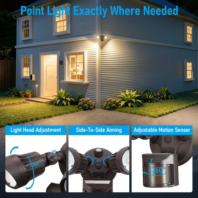 Alt view image 5 of 7 - Motion Sensor Security Lights Dusk to Dawn IP65 3000K Bronze COB LED Motion Detector Flood Light Outdoor, Aluminum, 100-277V, ETL Listed, Adjustable Heads, Waterproof, Warm White