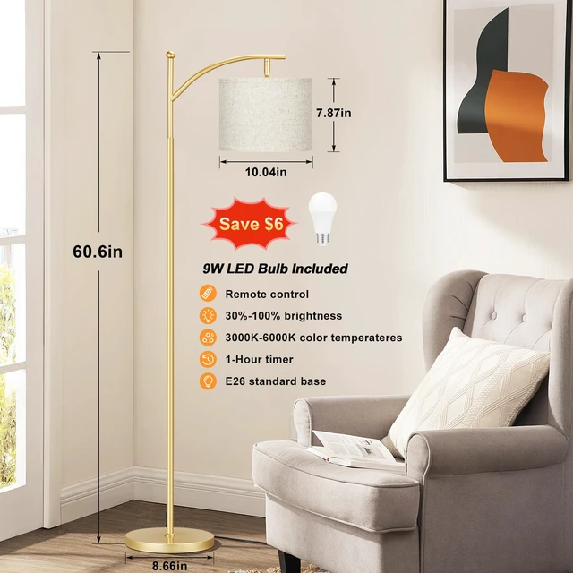 Alt view image 2 of 7 - 60" Floor Lamp with Remote and Stepless Dimmable Bulb, Gold Pole Colors Temperature and Brightness Adjustable, Foot Switch, Remote Control, Beige Shade, Modern Floor Lamp for Living Room