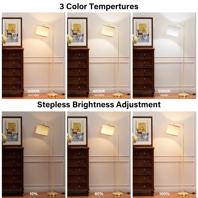 Alt view image 3 of 7 - 60" Floor Lamp with Remote and Stepless Dimmable Bulb, Gold Pole Colors Temperature and Brightness Adjustable, Foot Switch, Remote Control, Beige Shade, Modern Floor Lamp for Living Room