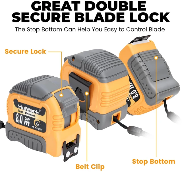 Alt view image 3 of 7 - Wide Tape Measure 25 ft, Double Secure Blade Lock Tape Measure Retractable with Stop Button, Both-Side Metal Blade, Magnetic Hook for Construction, Carpenter, Architect, Woodworking