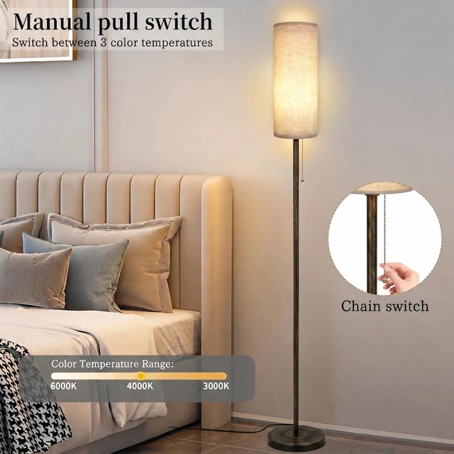 Alt view image 5 of 7 - Floor Lamp for Living Room Modern Standing Lamps with Lampshade Minimalist Tall Lamp with Switch Ajustable Color for Bedroom Reading LED Bulb Included Gold Black Brushed Body+Beige Shade