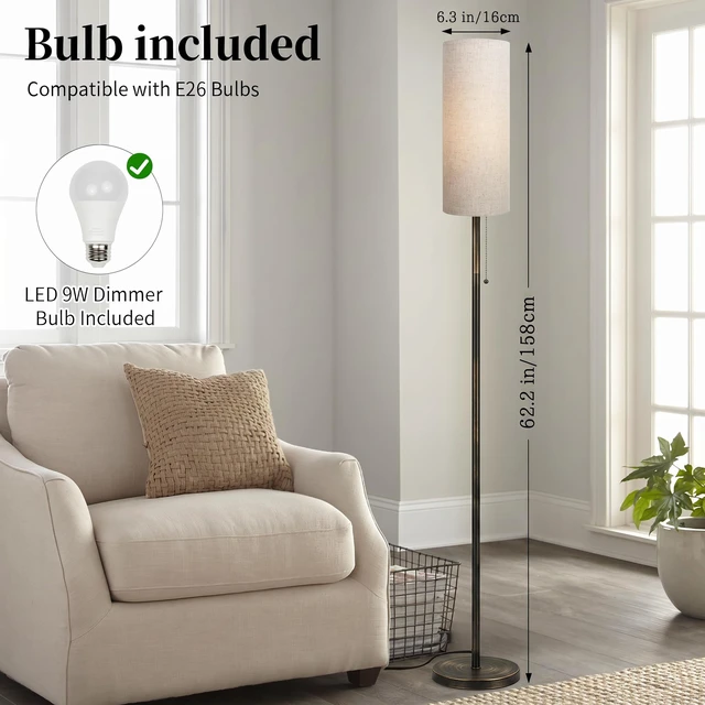 Alt view image 2 of 7 - Floor Lamp for Living Room Modern Standing Lamps with Lampshade Minimalist Tall Lamp with Switch Ajustable Color for Bedroom Reading LED Bulb Included Gold Black Brushed Body+Beige Shade