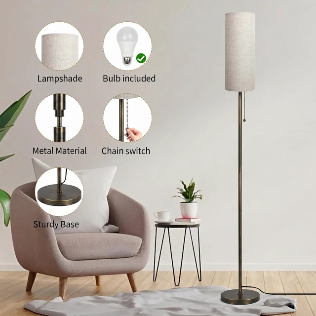 Alt view image 3 of 7 - Floor Lamp for Living Room Modern Standing Lamps with Lampshade Minimalist Tall Lamp with Switch Ajustable Color for Bedroom Reading LED Bulb Included Gold Black Brushed Body+Beige Shade