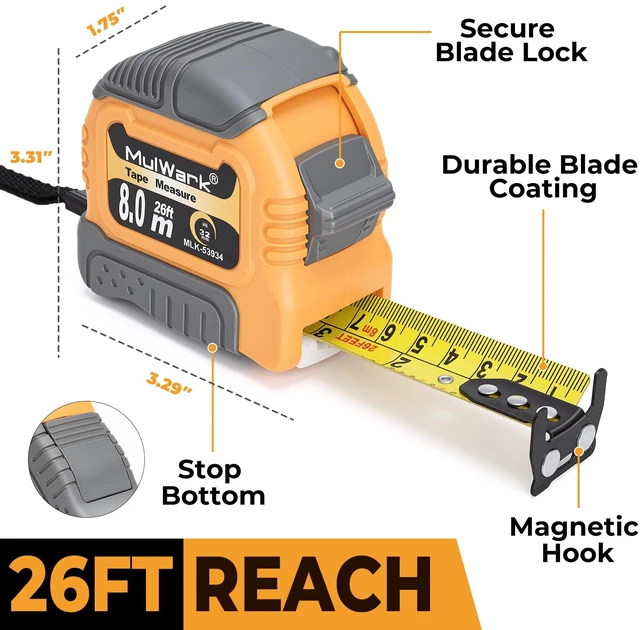 Alt view image 4 of 7 - Wide Tape Measure 25 ft, Double Secure Blade Lock Tape Measure Retractable with Stop Button, Both-Side Metal Blade, Magnetic Hook for Construction, Carpenter, Architect, Woodworking