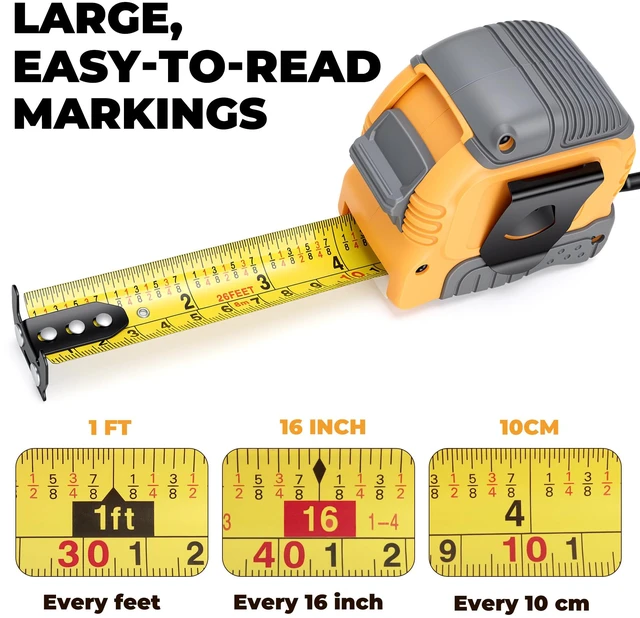 Alt view image 5 of 7 - Wide Tape Measure 25 ft, Double Secure Blade Lock Tape Measure Retractable with Stop Button, Both-Side Metal Blade, Magnetic Hook for Construction, Carpenter, Architect, Woodworking