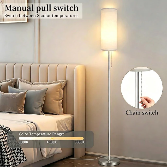 Alt view image 5 of 7 - Floor Lamp for Living Room, Modern Standing Lamps with Lampshade, Minimalist Tall Lamp with Chain Switch for Living Room, LED Bulb Included (Nickel Body+Beige Shade)