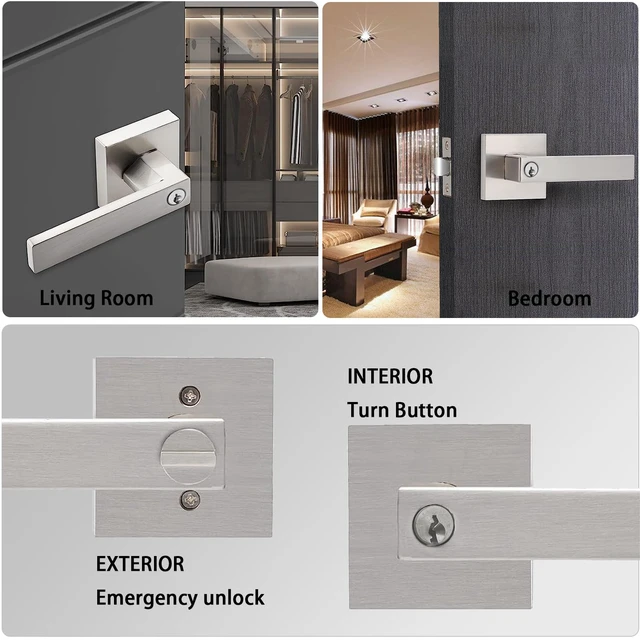 Alt view image 5 of 7 - 2 Pack Door Handle Heavy Duty, Keyed Alike Entry Door Lever,Door Knobs with Lock and Key (Different Keys), Square Door Lever in Satin Nickel for Bedroom, Bathroom and Front Door