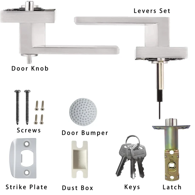 Alt view image 6 of 7 - 2 Pack Door Handle Heavy Duty, Keyed Alike Entry Door Lever,Door Knobs with Lock and Key (Different Keys), Square Door Lever in Satin Nickel for Bedroom, Bathroom and Front Door