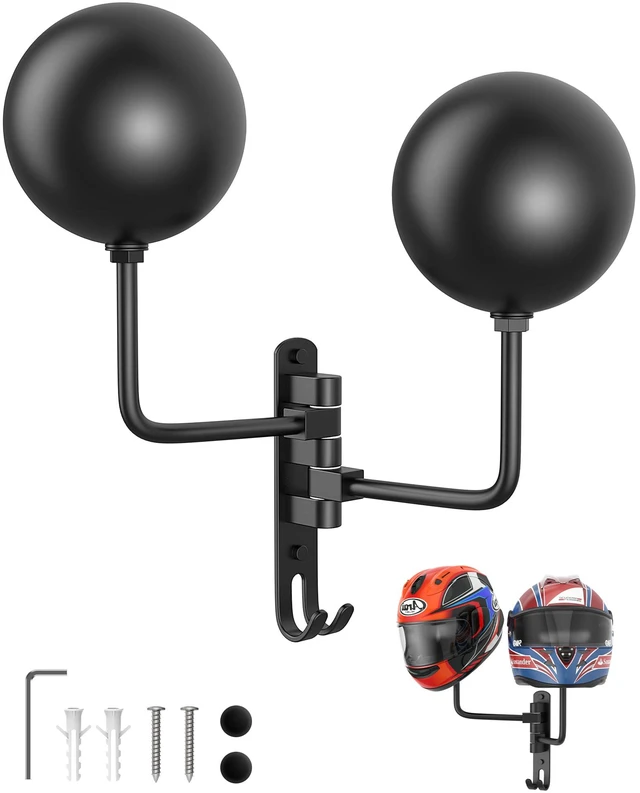 Main image of Helmet Hanger Wall Mount 180° Swivel Helmet Holder for Motorcycle Bike Racing Outerwear Sports Gear (Black 2-1)