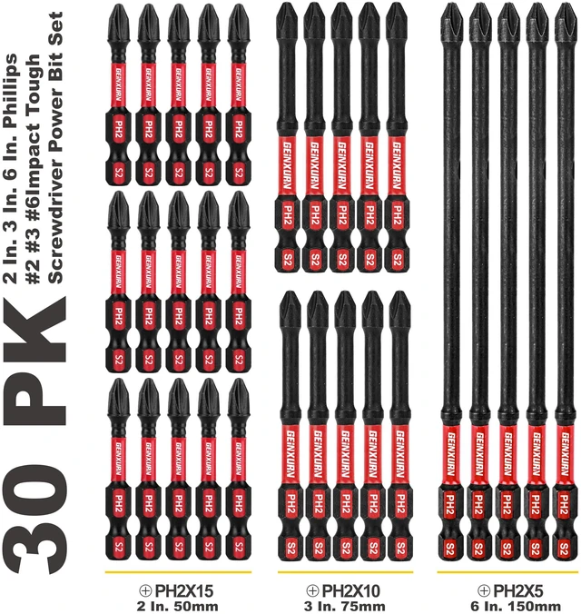 Alt view image 2 of 7 - Impact Tough #2 Phillips Mixed 2/3/6 in. D2 Steel Long Extension Insert Driver Bits,30Pack 1/4 Inch Hex Shank Long Cross Magnetic PH2 Screwdriver Bits Set