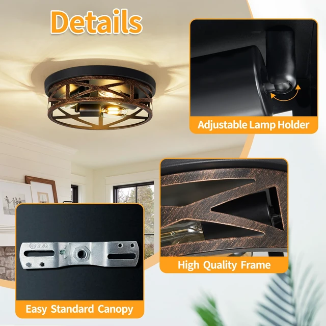 Alt view image 5 of 7 - Farmhouse Ceiling Light,Hallway Light Fixtures Ceiling,Rustic Metal Black 3-Light Flush Mount Light Fixture for Farmhouse,Kitchen,Entryway,Hall (1 Pack)