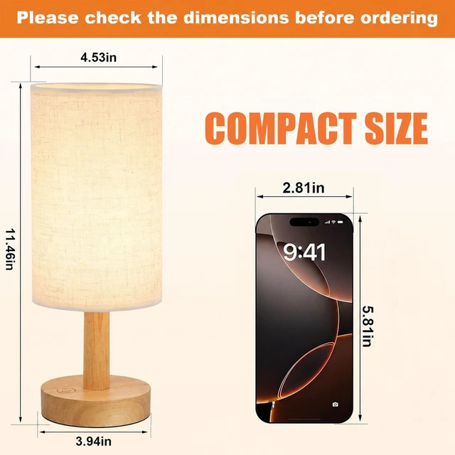Alt view image 4 of 7 - Rechargeable Cordless Touch Table Lamp with Stepless Dimming,Natural Wood Base&Linen Shade,Small Battery Wireless Ambient Night Light for Bedroom,Bedside,Nightstand,Nursery,Kitchen,Camping,Outdoor