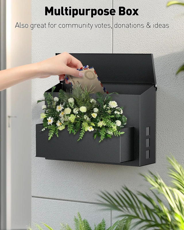 Alt view image 2 of 7 - Wall Mount Mailbox for Outside, Large Mailbox with Planter, Large Capacity Mail Box for House, Rust-Proof Steel Post Box for Home Office School, Modern Metal Drop Case, Black