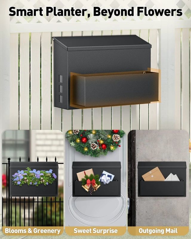 Alt view image 3 of 7 - Wall Mount Mailbox for Outside, Large Mailbox with Planter, Large Capacity Mail Box for House, Rust-Proof Steel Post Box for Home Office School, Modern Metal Drop Case, Black