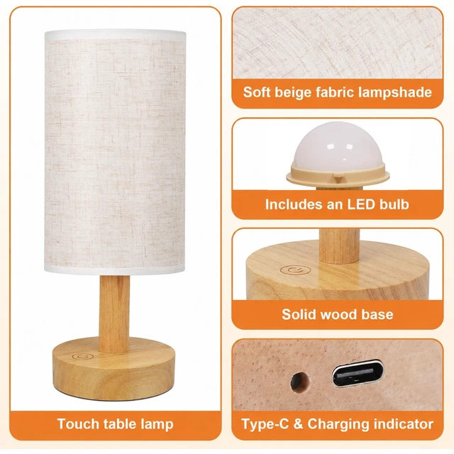 Alt view image 6 of 7 - Rechargeable Cordless Touch Table Lamp with Stepless Dimming,Natural Wood Base&Linen Shade,Small Battery Wireless Ambient Night Light for Bedroom,Bedside,Nightstand,Nursery,Kitchen,Camping,Outdoor