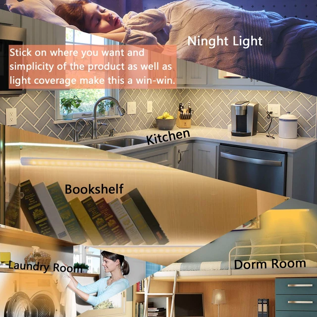 Alt view image 3 of 7 - 12-Inch Slim LED Under Cabinet Light with Memory Function, Warm White 3000K Dimmable USB Light Bar for Rooms