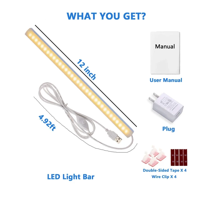 Alt view image 7 of 7 - 12-Inch Slim LED Under Cabinet Light with Memory Function, Warm White 3000K Dimmable USB Light Bar for Rooms