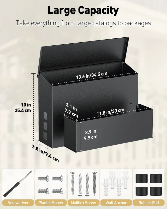 Alt view image 5 of 7 - Wall Mount Mailbox for Outside, Large Mailbox with Planter, Large Capacity Mail Box for House, Rust-Proof Steel Post Box for Home Office School, Modern Metal Drop Case, Black